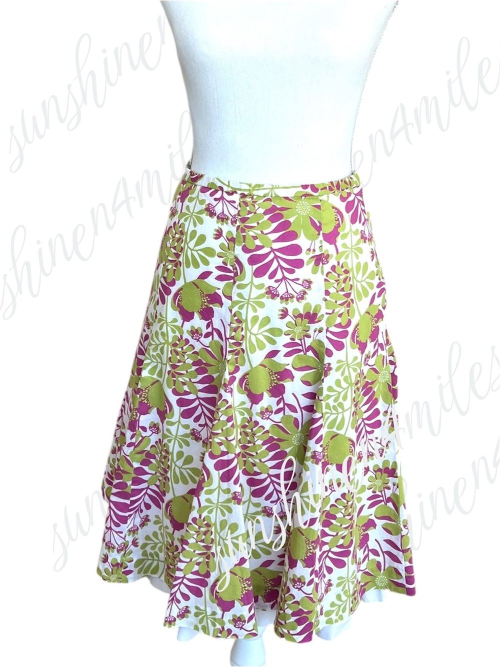 GARNET HILL Floral Leaf Pink Olive/Lime Green White Flared A-Line Skirt size 4